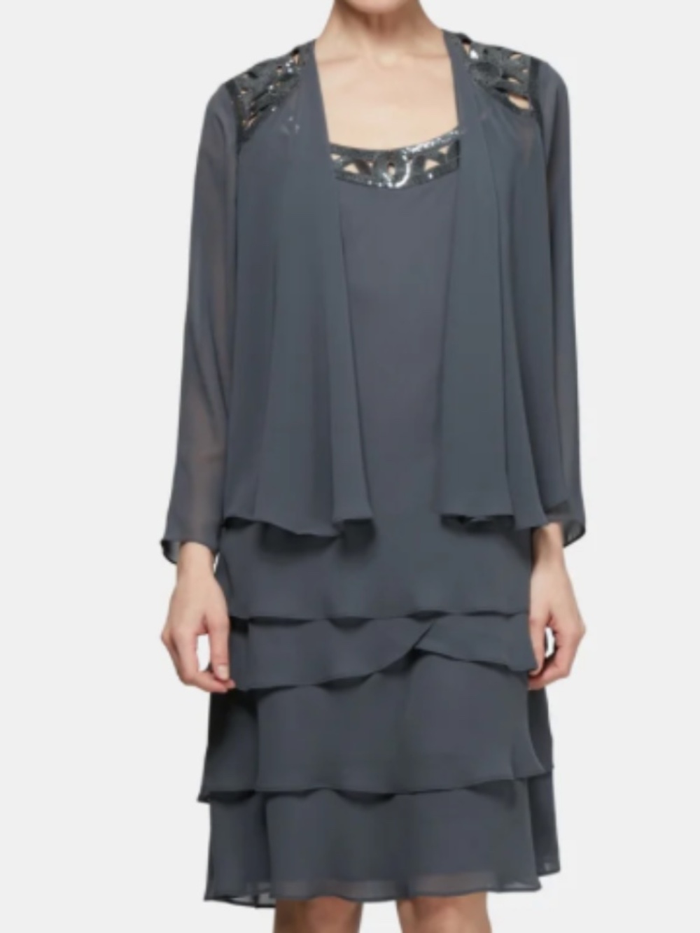 NWT (8P) Sl Fashions 2-Pc. Jacket & Tiered Beaded Tank Midi Dress Blue-gray
